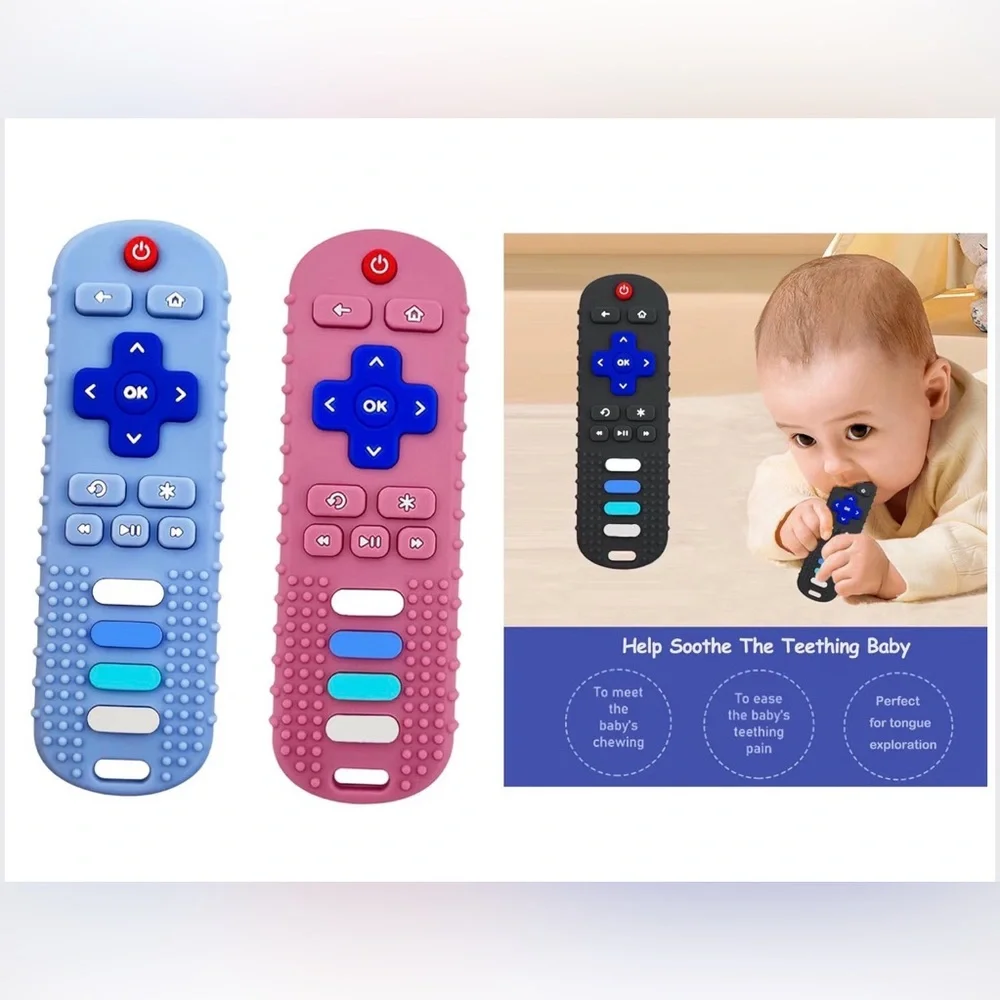 ROBBEAR Baby Pink&Blue Teething Remote Toy silicone 3/6/12/18 months chew